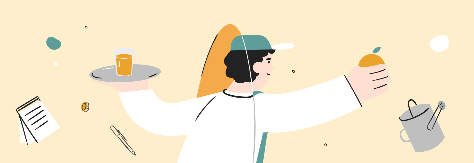 La ilustración de un camarero con la bandeja en la mano y de un agricultor con la naranja en la mano