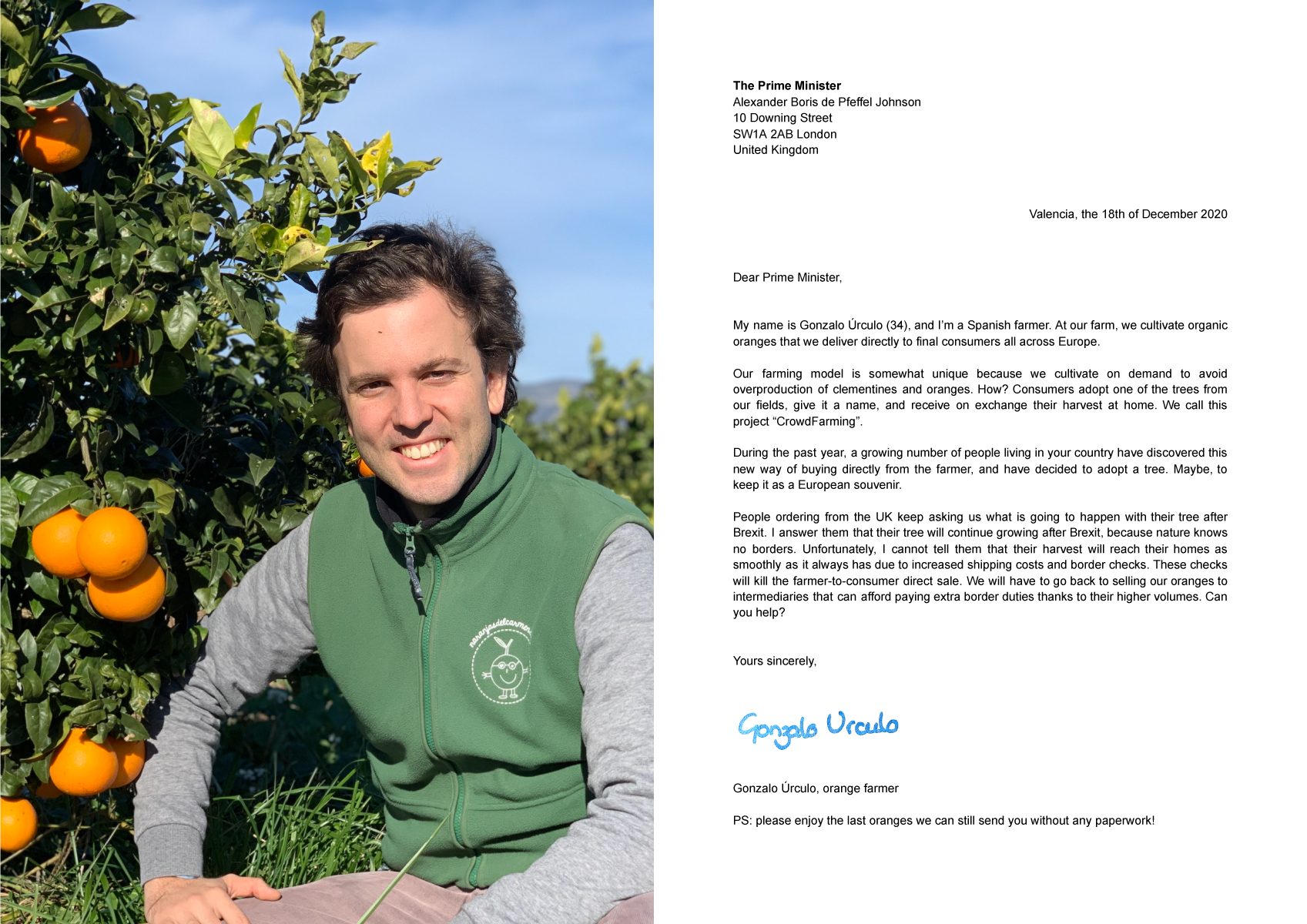 El agricultor Gonzalo Úrculo en un campo de naranjos y una carta al primer ministro británico