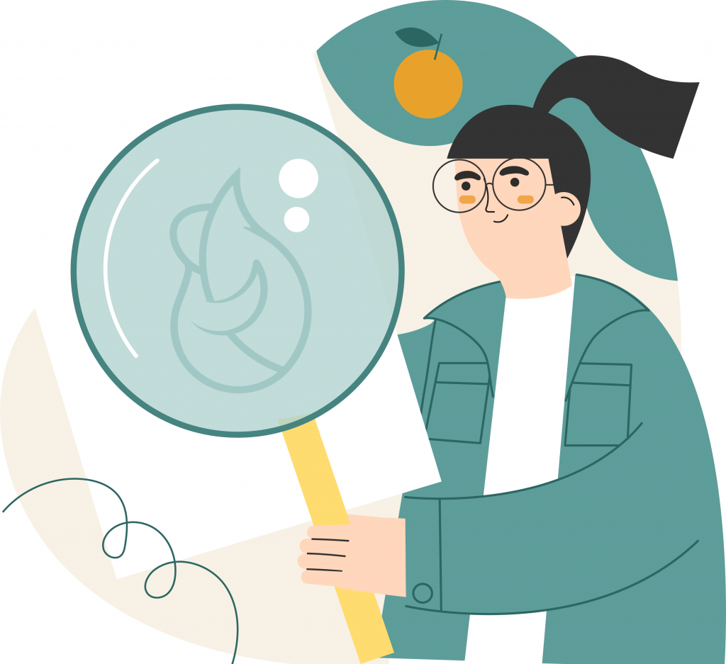 Ilustración de una mujer con una lupa y una naranja