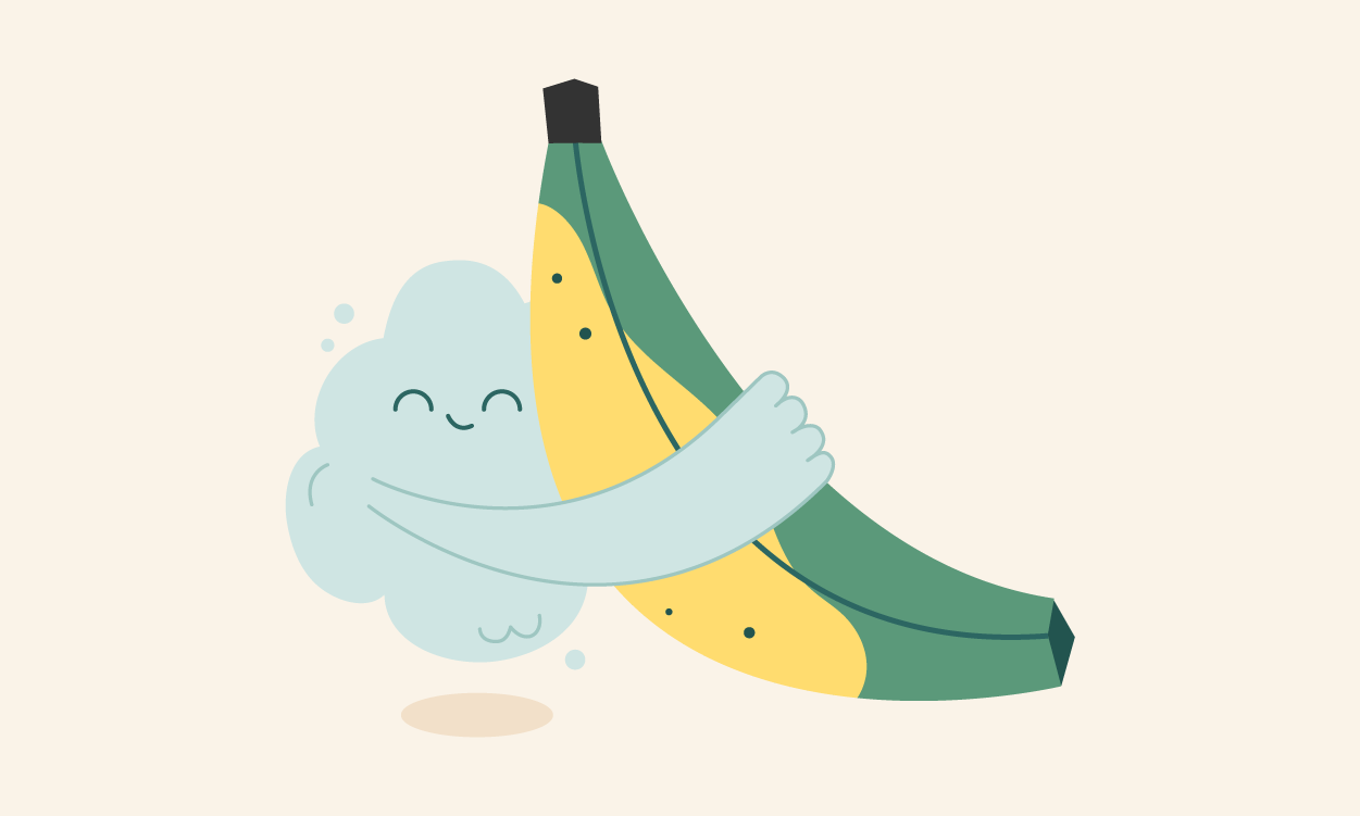 Ilustración de una hormona vegetal, el etileno, y un plátano madurando