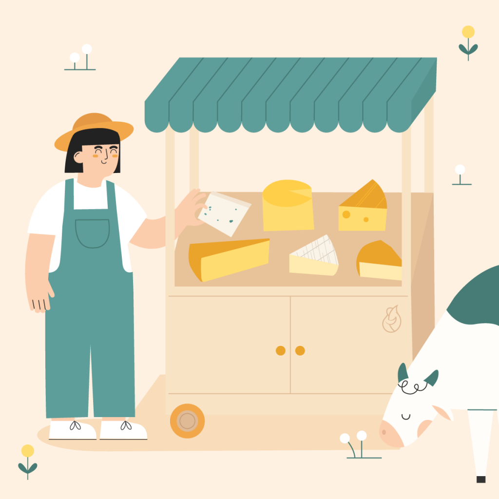 Ilustración de un granjero con un carro de queso y una vaca