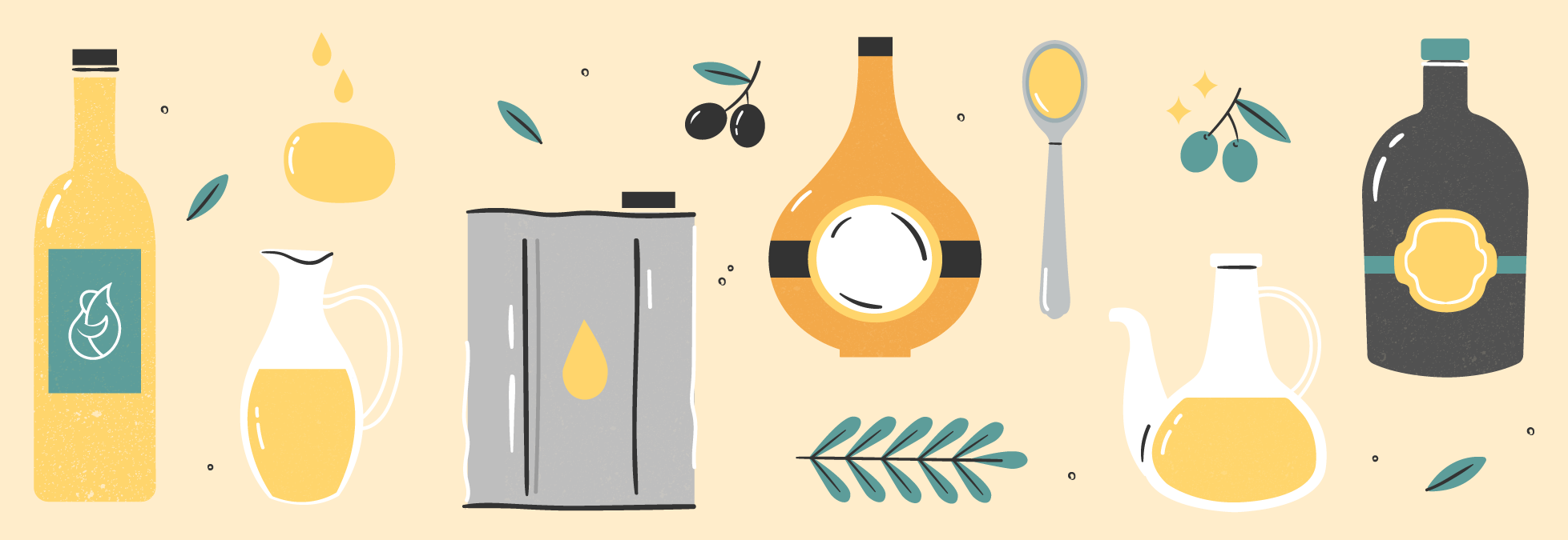 Illustration of bottles and cans of extra virgin olive oil