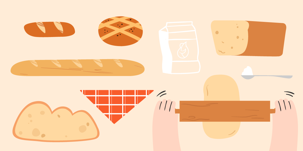 Illustration of different types of bread and a bag of flour