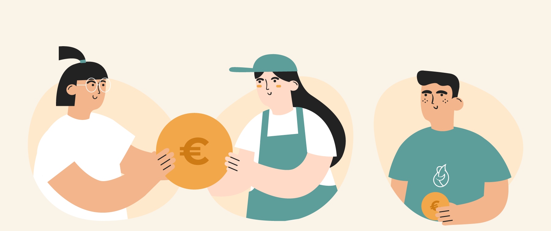 Illustration of three people (consumer and farmer) with a coin in their hand