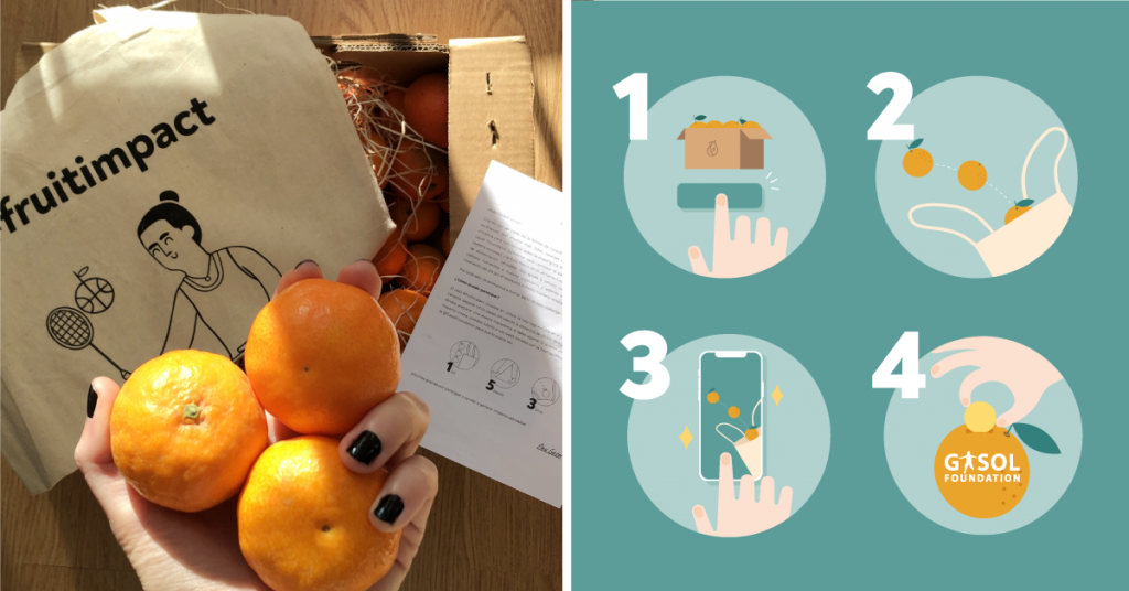 Top Bag #fruitimpact with oranges in one hand and an illustration of the 4 stages of the challenge