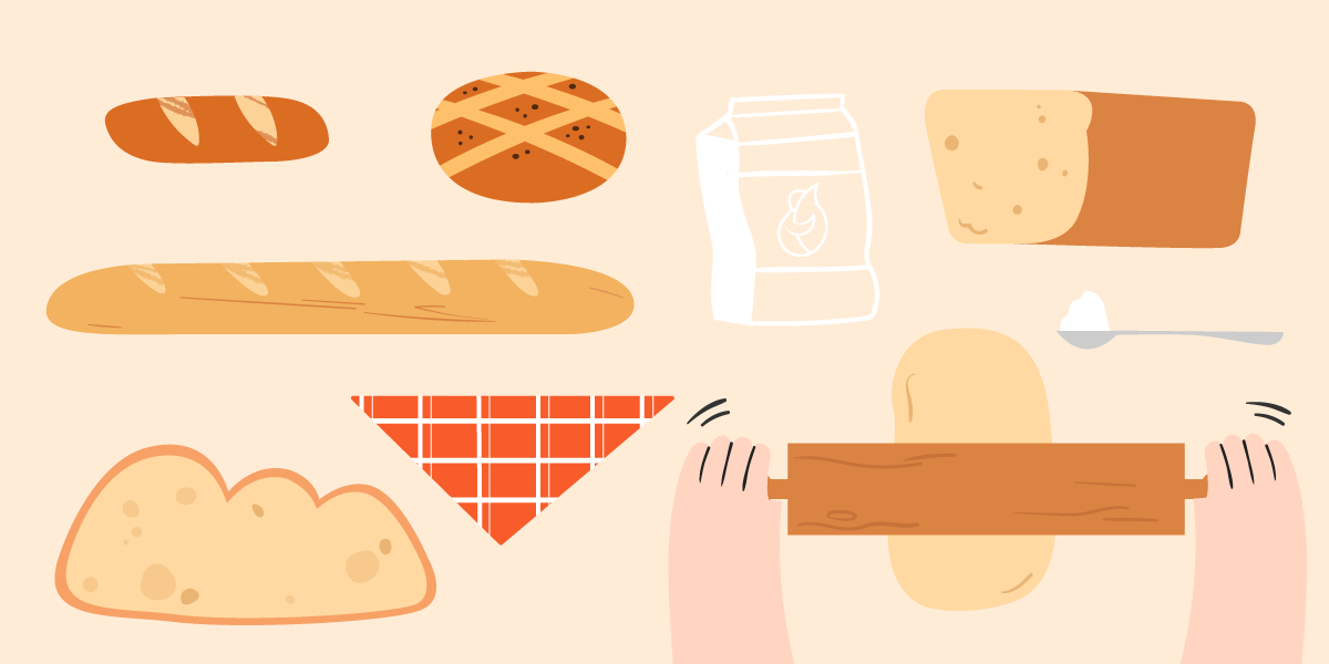 Illustration de différents types de pain avec un sachet de farine