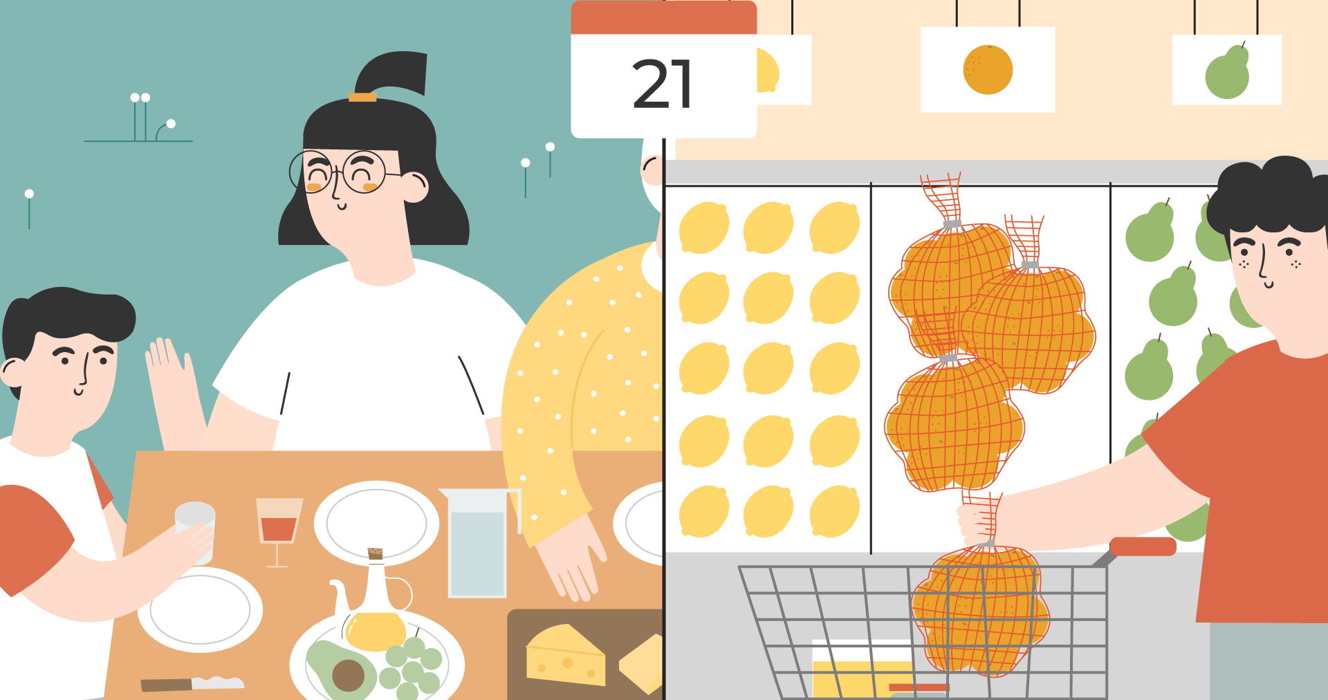 Illustration d'une famille qui mange des oranges bio et d'une personne au supermarché qui achète des oranges en filet