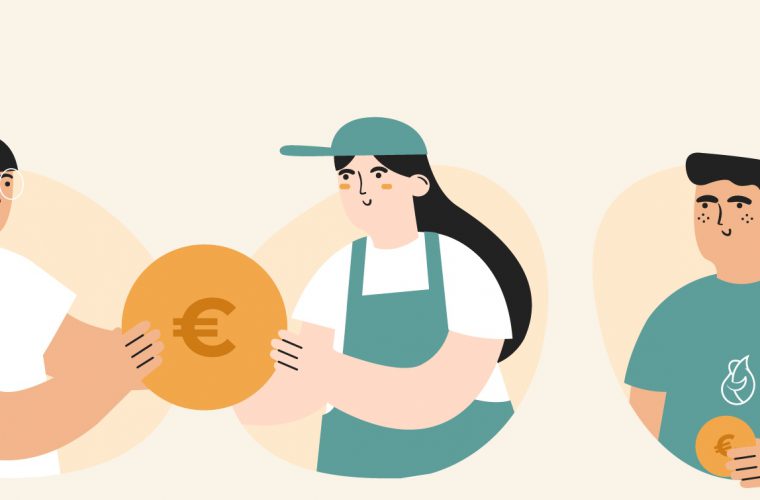 Illustration de trois personnes (consommateur et agriculteur) avec une pièce de monnaie dans la main