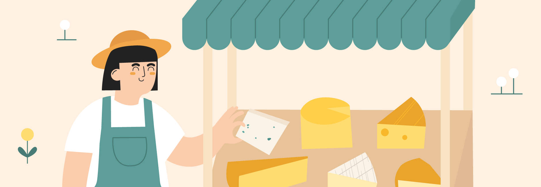 Illustration d'un agriculteur avec une roulotte de fromages et une vache