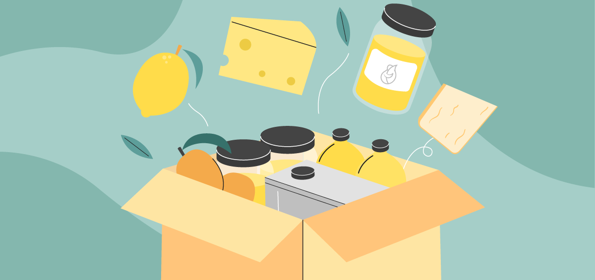 Illustration d'un carton avec de l'huile, du fromage, du citron, du miel et des mangues