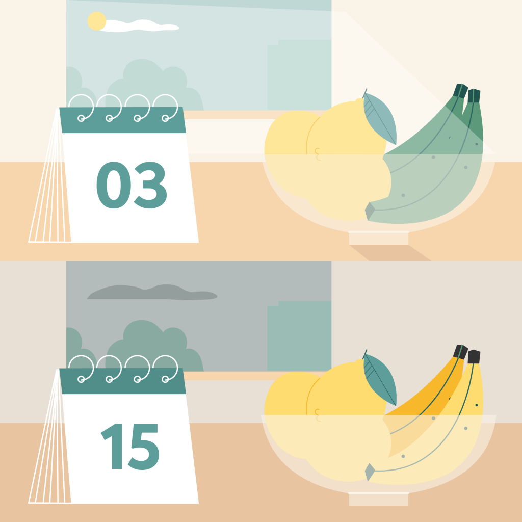 Illustration d'un bocal avec des citrons et des bananes et un calendrier
