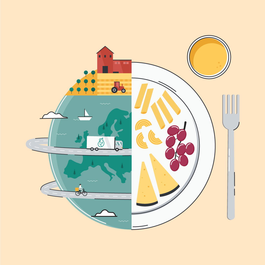 Illustration eines Tellers, der mit dem Planeten und dem Essen geteilt wird, begleitet von einem Glas und einer Gabel.