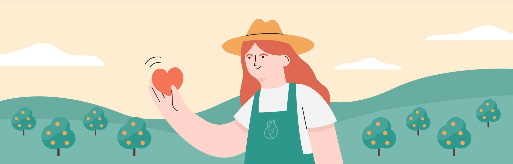 Illustration einer Landwirtin mit einem Herz in der Hand