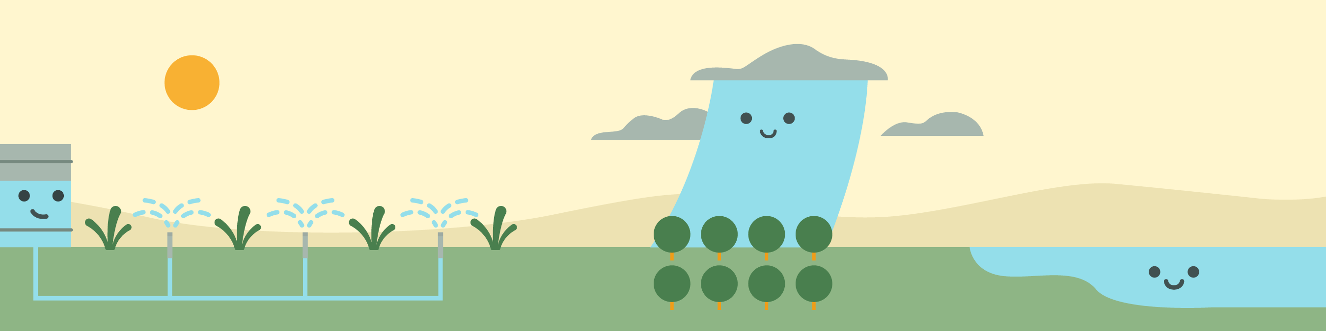 Illustration einer Wasserwolke, die auf ein Feld fällt