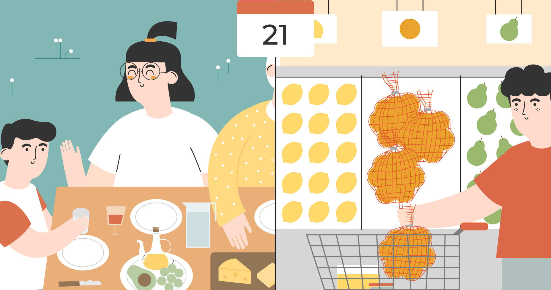 Illustration einer Familie, die Bio-Orangen isst, und einer Person im Supermarkt, die ein Netz mit Orangen kauft.