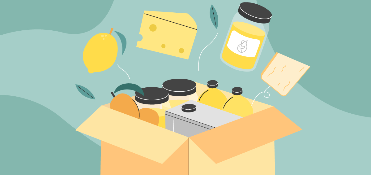 Grafik eines Kartons mit Öl, Käse, Zitrone, Honig und Mangos